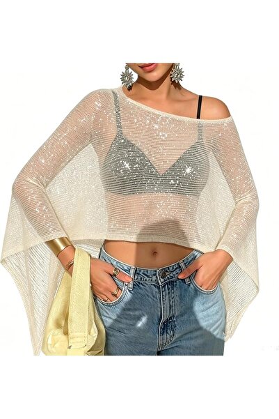 GENERAL Women Sheer Poncho Top Lightweight Knit Crochet Shrug Bolero Mesh Bat...