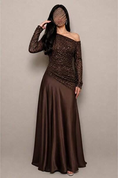 Jood Long Evening Dress with Off-The-Shoulder Details and Glittering Embellis...