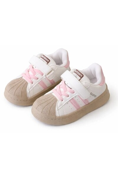 Mixbo Pantofi pentru copii cu scai și șireturi, talpă antiderapantă, albi cu roz și crem, 27 EU 16.5 cm