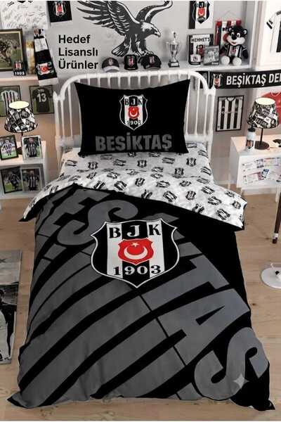 Taç Lisanslı Beşiktaş Siyah Logo Taraftar Nevresim Takımı Tek Kişilik %100 Pamuk