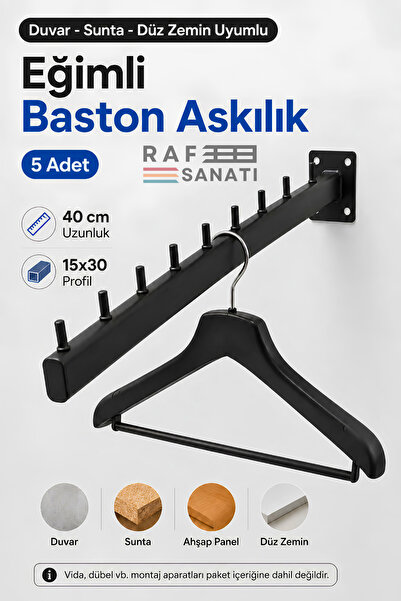 Raf Sanatı 5 Adet - Duvara Monte Eğimli Baston Askılık 40 cm - Mağaza Butik E...