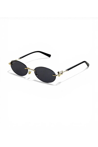 Alışveriş Kasabası Metal oval women's sunglasses black cut glass | gold detai...