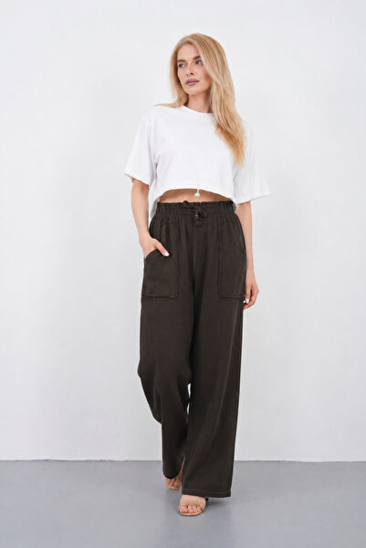 saint majesta Women's Elastic Waist Palazzo Trousers with Pocket Detail, Comf...