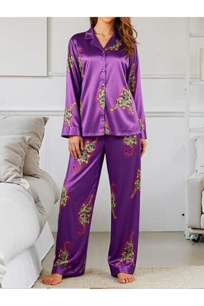 Women's Satin Pajama Set, Long Sleeve Sleepwear with Pants, Soft Print Lounge...