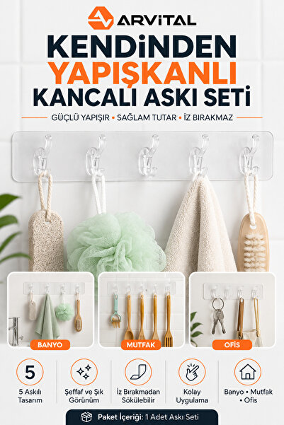 Arvital Kendinden Yapışkanlı 5’li Şeffaf Kancalı Askı Seti İz Bırakmadan Sökü...