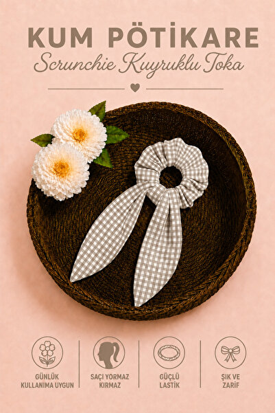 Hophera Sand White Gingham Tail Scrunchie Strong Elastic Hair Clip