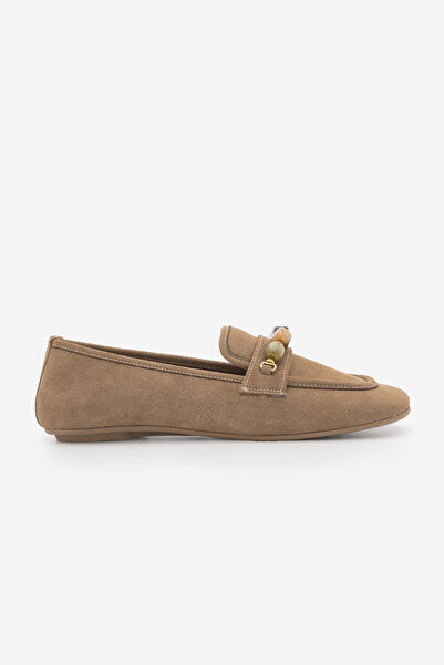 Marjin Kadın Küt Burun Taşlı Loafer Günlük Ayakkabı Arite Camel Süet