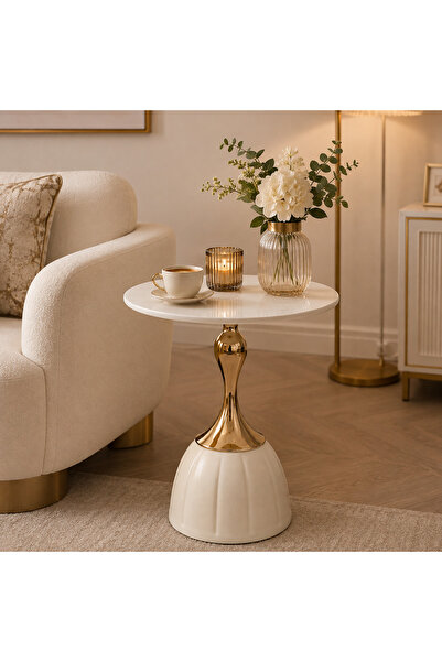 The Living Modern Round Accent Side Table with Ribbed Base & Tapered Column |...