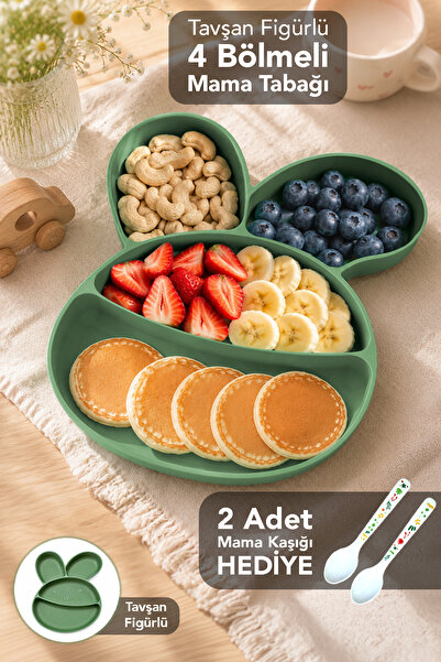 Meleni Baby Feeding Set with Rabbit Figure - 4-Compartment Baby Food Bowl Gre...