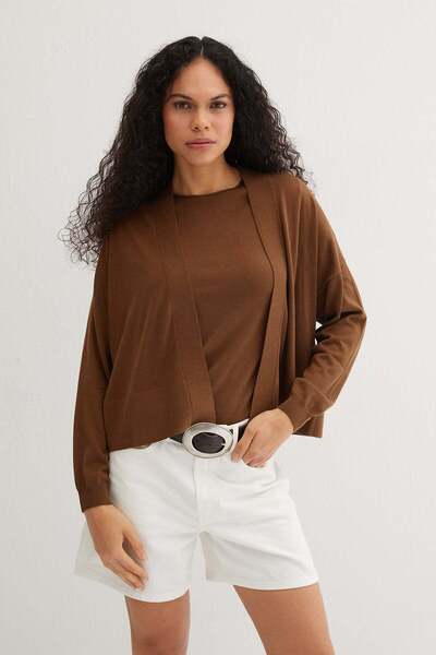 Silk and Cashmere Kahverengi Chloe İpek Kaşmir Düğmesiz Hırka