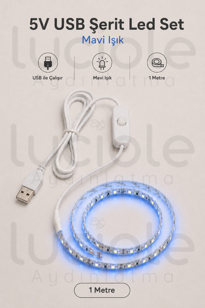luciole 1 Metre 5V USB Mavi Şerit LED Aç Kapa Anahtarlı TV Arkası Gaming Masa...