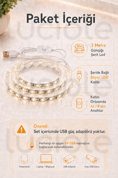 luciole 3 Metre 5V USB Günışığı Şerit LED Anahtarlı Mutfak Tezgah Altı TV Masa Kamp Led Işık