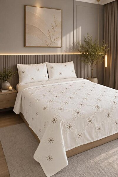 Çeyiz Diyarı Aselina Embroidered Chenille 3 Piece Double Bedspread Cream - Beige