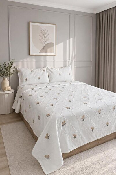 Çeyiz Diyarı Nevra Embroidered Chenille 3 Piece Double Bedspread Beige