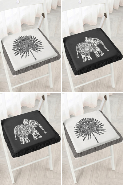 Realhomes Black and White 4-Piece Fringed Zippered Chair Cushion Set with Ele...
