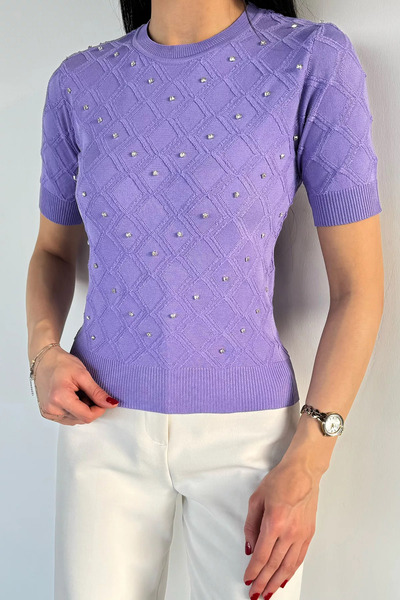 Aryena Lilac Women's Stoned Short Sleeve Knitwear Blouse