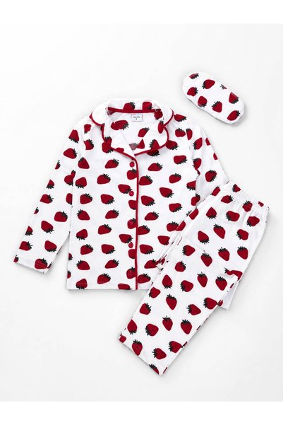 Pajama Shop Mother-Daughter White Strawberry Patterned Winter Shirt Collar Buttoned Sleep Band Pajama Set Cotton Milan Fabric
