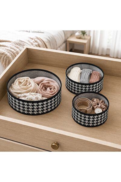 kitchen soft 3’lü Yuvarlak Bez Organizer Seti Kazayağı Desenli Dolap ve Çekme...