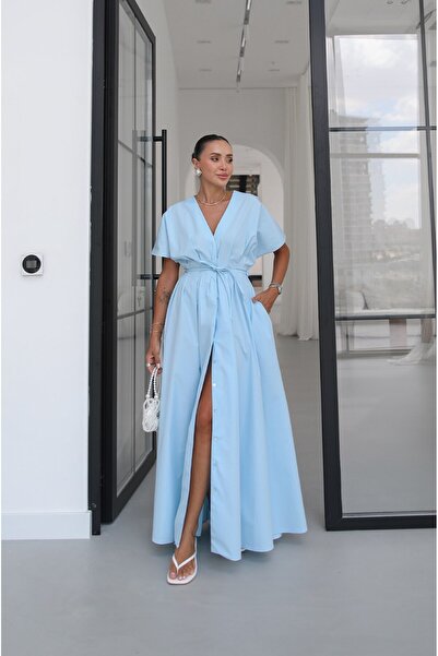 Havoş Blue V-Neck Dress with Waist Tie