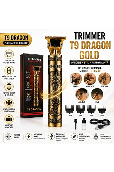 ASMXX Trimmer T9 Dragon Gold, Aparat de Tuns Barbă și Păr, T-Blade, Reîncărca...
