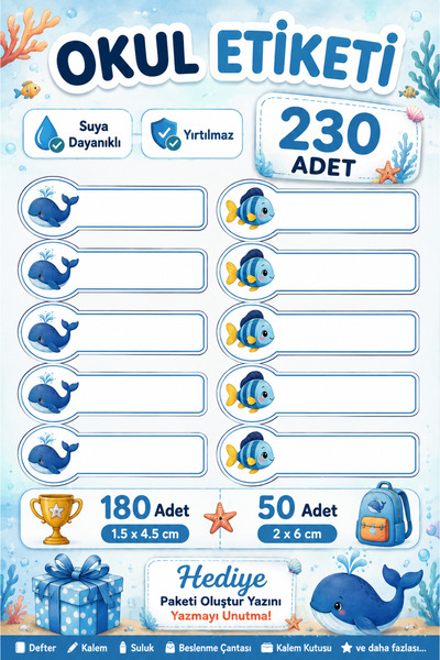 LABELOVE Kişiye Özel Balık Okul Etiketi 230 Adet | Suya ve Yırtılmaya Dayanık...