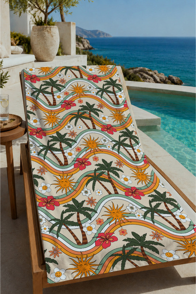 Evmila Cream Orange Green Palm Patterned 70X150 Beach Towel - Digital Printed...