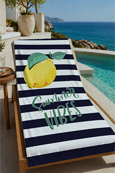 Evmila Navy Blue White Striped Lemon Text Detailed 70X150 Beach Towel - Digit...