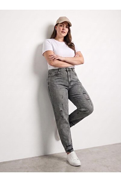 sports here Girls / Women's Plus Size High Waist Relaxed Fit Laser Ripped Det...