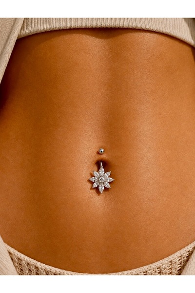 liore dünyası 925 Ayar Hakiki Gümüş Zirkon Taşlı Çiçek Model Göbek Piercingi