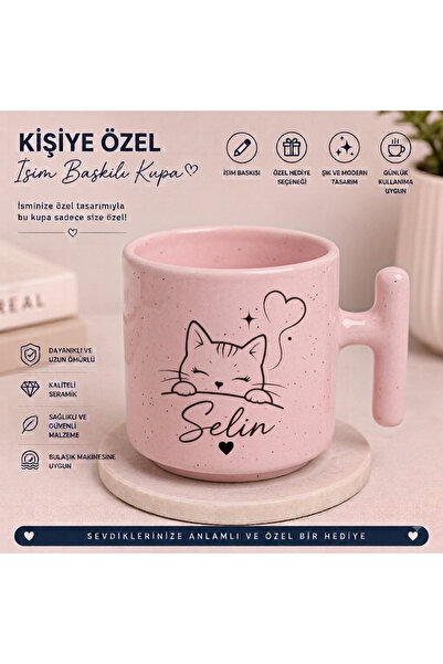 Teknik işiye Özel İsim Baskılı Kedi Desenli Seramik Kupa Bardak