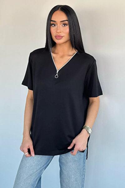 Aryena Black V-Neck Zipper T-Shirt