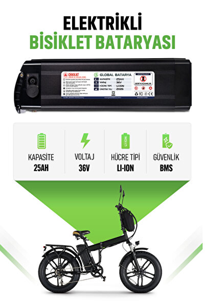 GLOBAL BATARYA Elektrikli Bisiklet Bataryası 36V 25Ah Li-ion Pil Mega Kapasit...