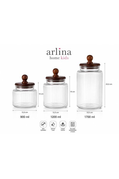 Arlina Home Kids Set of 3 Vacuum Glass Jars with Acacia Lids