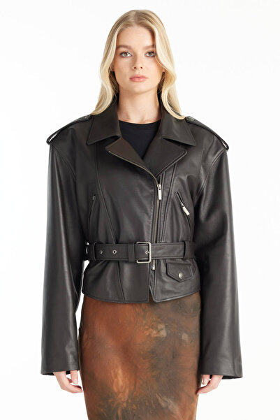 Ted Baker SİYAH OVERSİZE DERİ BİKER CEKET