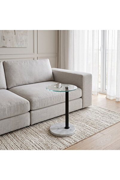 Ebticar Modern Side Table Glass and Black Column and White Marble Base