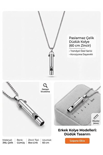 ZEYKU ACCESSORİES Unisex Gümüş Rengi Paslanmaz Çelik Düdük Tasarım Kolye - Deprem Acil Durum Düdüğü Kararmaz Zincir