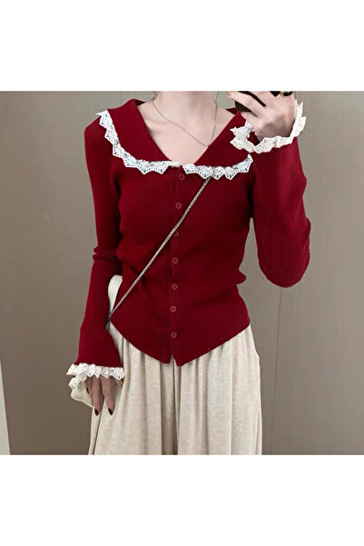 banessa Cardigan de damă cu guler tip bebe și detalii din dantelă