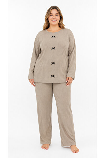 FAMES PİJAMA Ribbed Knit Cotton Flared New Season Plus Size Homewear