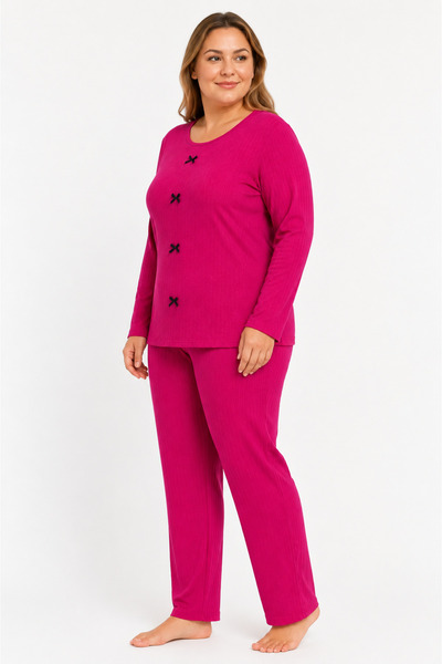 FAMES PİJAMA Büyük Beden Kaşkorse Mevsimlik Koyu Pembe Pijama Takımı