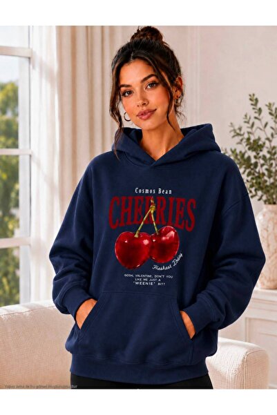 TREND EMMODA Women's Oversize Cherries Printed Hooded Kangaroo Pocket Sweatsh...