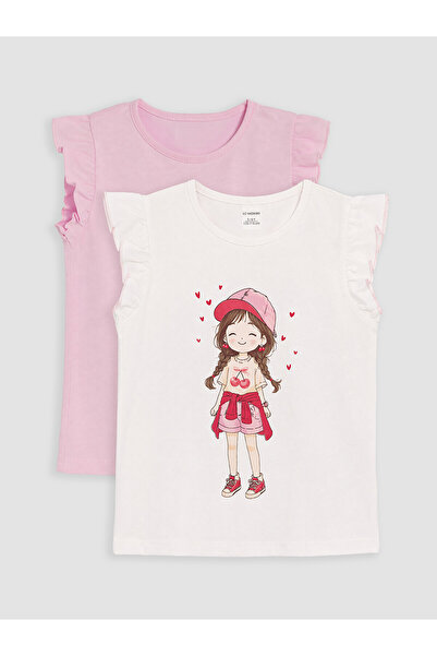 LC Waikiki Trendlucky Girls' Printed Undershirt with Oval Collar, 2-Piece Set