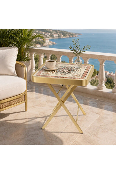 laverahome Gold Design Folding Side Serving Table Set with Classic Elegant En...