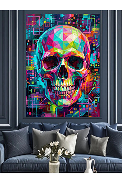 Artmeg Pânză decorativă Pop-Art cu craniu curcubeu neon - Tablou din lemn MDF