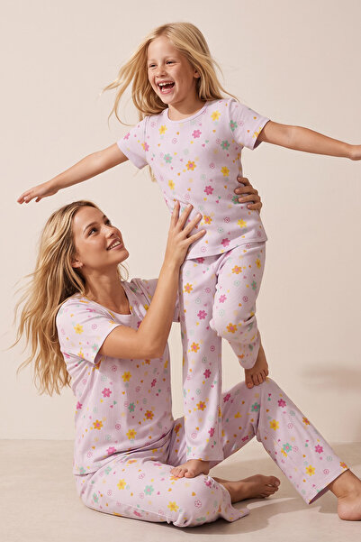 Siyah İnci Lilac Color Floral Patterned Cotton Ribbed Camisole Knitted Pajama...