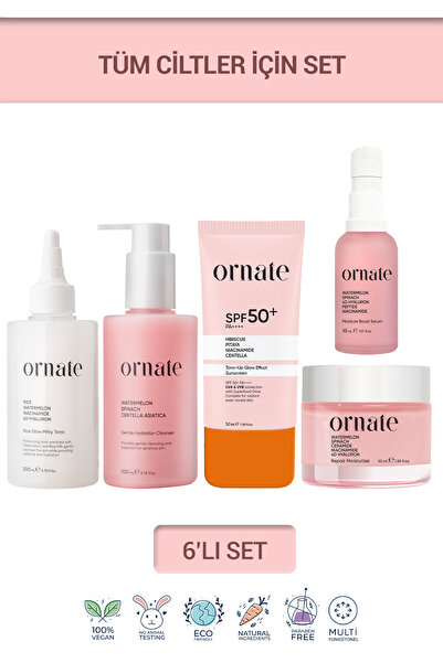 ORNATE Temizleyici, Peptit Serum, Nemlendirici, Pirinç Tonik ve SPF50+ Güneş ...