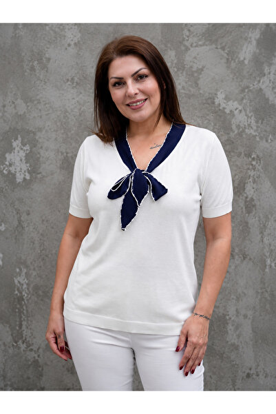 D LAVELLA Kadın Büyük Beden V yaka Fular Detaylı Soğuk İplik Merserize Triko ...