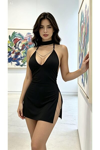 ZEYCEN Women's Chain Detail Deep Slit Backless Dress