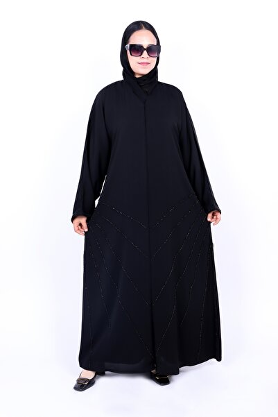 Izzah Bella Elegant Black Beaded Line Abaya with Matching Hijab