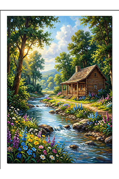 Artmeg Wooden Cottage Next to the Forest Stream Decorative Canvas - Mdf Wood ...