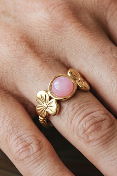 NBS Beautiful Naturel Stones خاتم فولاذي قابل للتعديل بحجر الكوارتز الوردي عل...